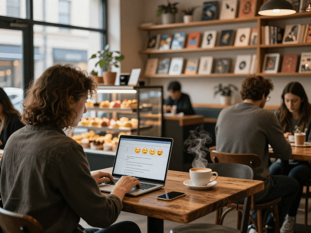 Engaged in nsfw ai chat at café with coffee and pastries in vibrant atmosphere