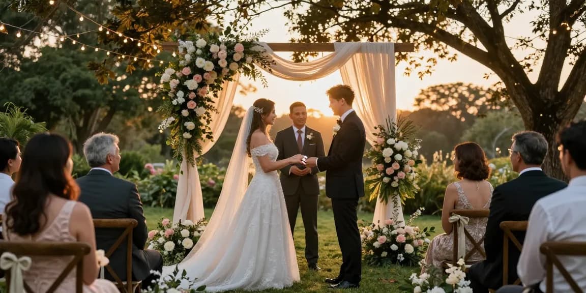 Beautiful wedding ring prominently displayed during an outdoor ceremony, capturing a romantic moment filled with love and elegance.