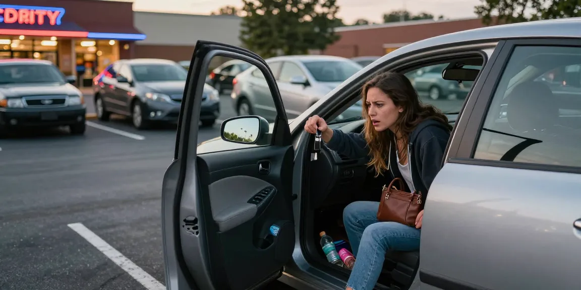 Lost Car Keys Raleigh scene of a distressed woman searching her car in a busy parking lot.