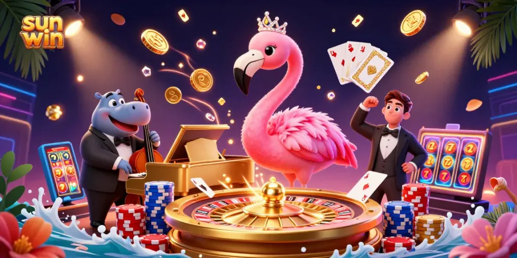 Win big at sun win with a vibrant casino scene featuring a flamingo singer, hippo bassist, and dynamic casino elements.