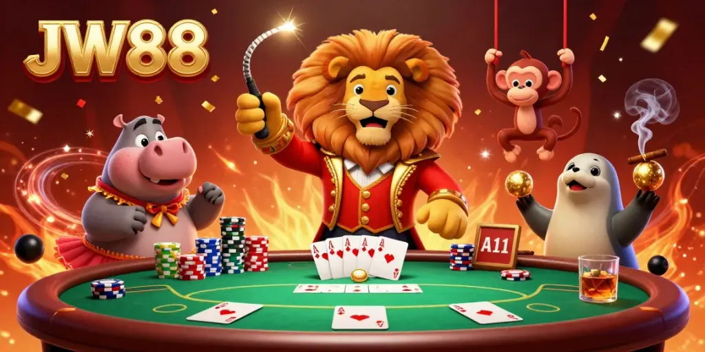 Experience the exciting world of JW88 featuring vibrant characters and poker elements in a lively casino atmosphere.