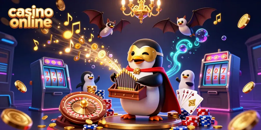 Engage in casino online excitement with a penguin organist, coins, and gems amidst a lively scene.