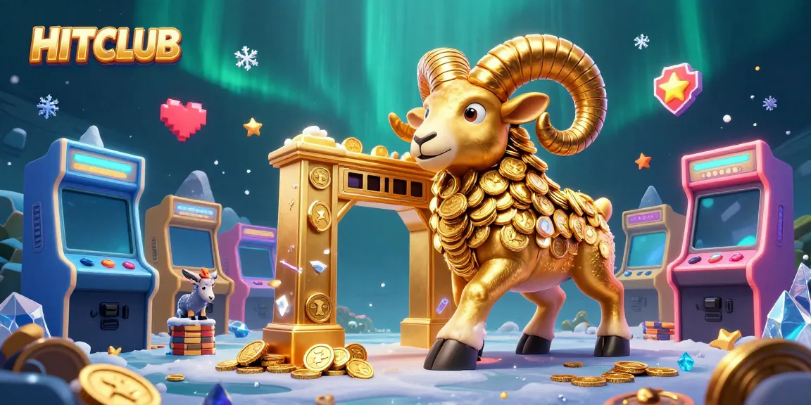 Engage with the HITCLUB gaming experience featuring a golden ram and sparkling arcade elements.