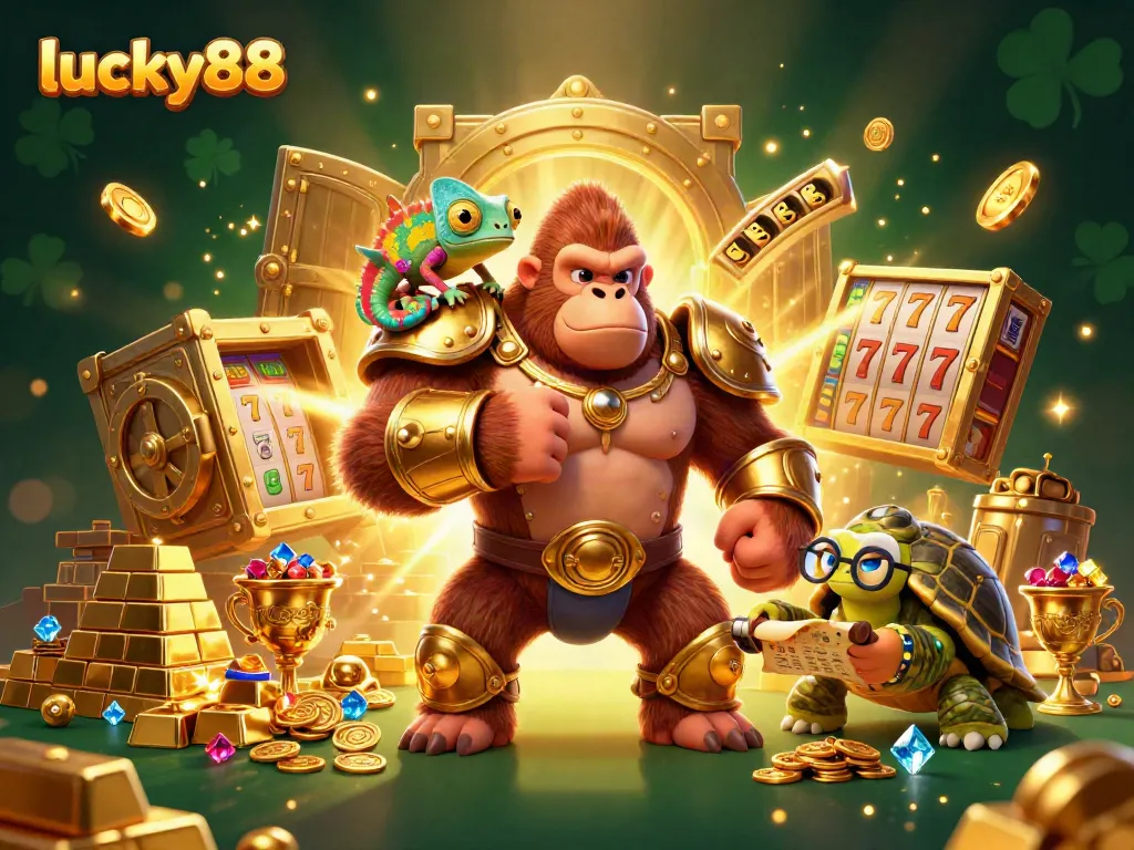 Immerse in lucky88's vibrant 3D casino scene featuring a dynamic gorilla king, chameleon, and tortoise with jackpot elements.