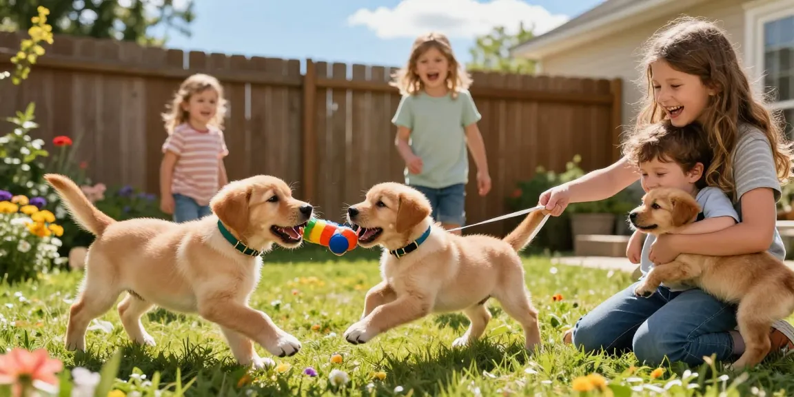 Fox red labrador retriever puppies playing joyfully with children in a sunny backyard