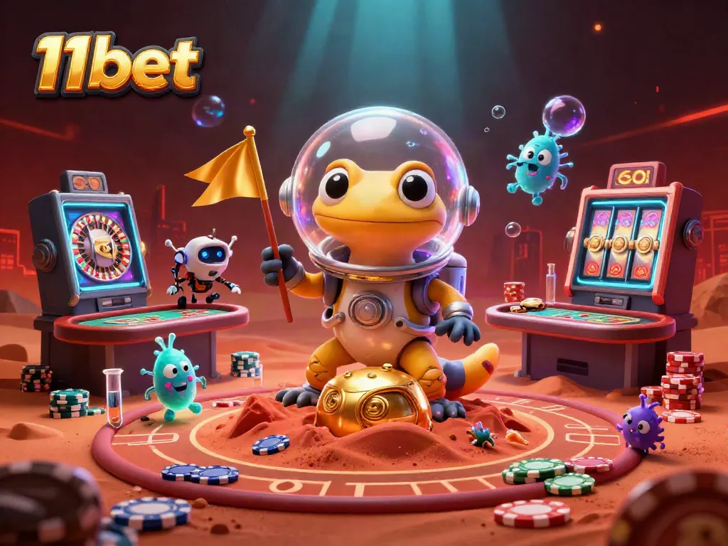 Engage with 11bet's thrilling casino experience through a vibrant, 3D Martian adventure illustration.