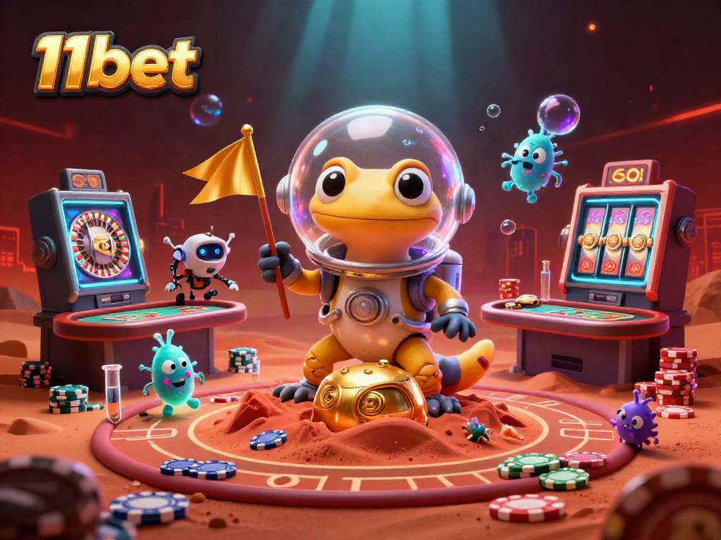 Engage with 11bet's thrilling casino experience through a vibrant, 3D Martian adventure illustration.