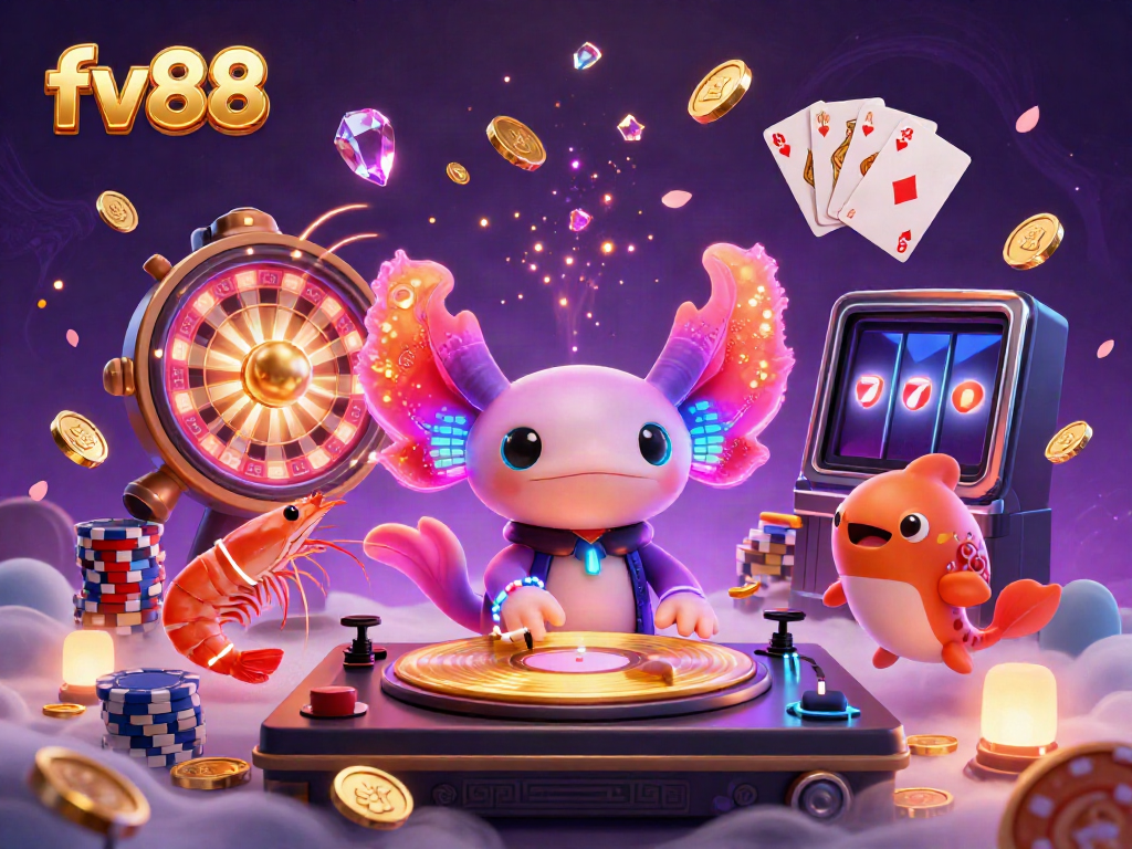 Experience vibrant winnings with fv88's lively casino scene filled with gold coins, dynamic characters, and thrilling games.