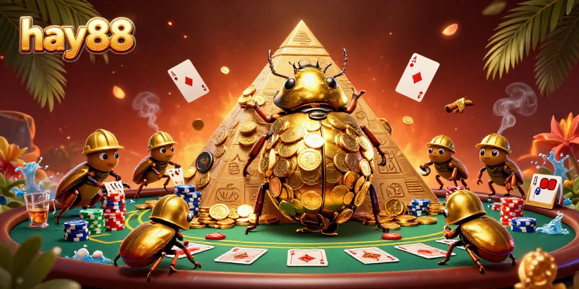 Engage with hay88's vibrant and dynamic 3D casino world, featuring golden beetles amidst poker symbols and vibrant colors.