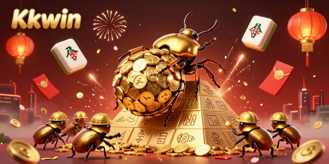 Kkwin showcases an exciting 3D scene of a golden dung beetle guiding treasure coins in a vibrant casino atmosphere.