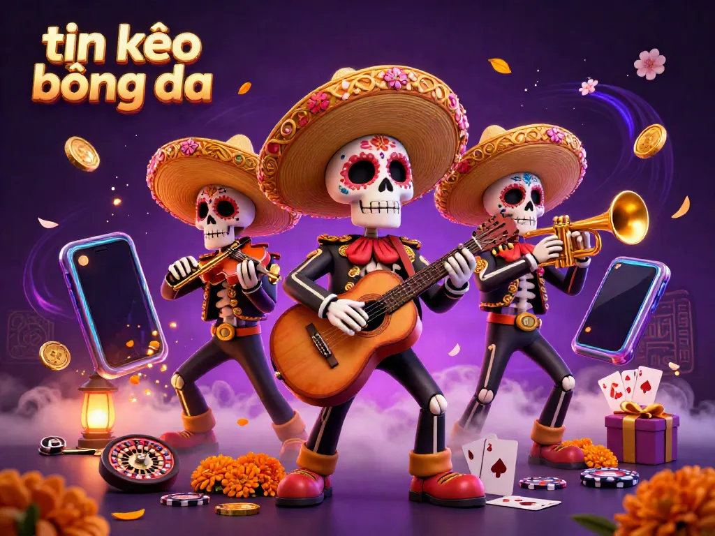 Experience excitement with tin kèo bóng đá featuring a vibrant 3D mariachi band amidst casino elements.