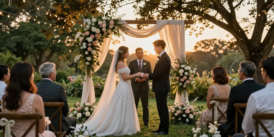 Beautiful wedding ring prominently displayed during an outdoor ceremony, capturing a romantic moment filled with love and elegance.