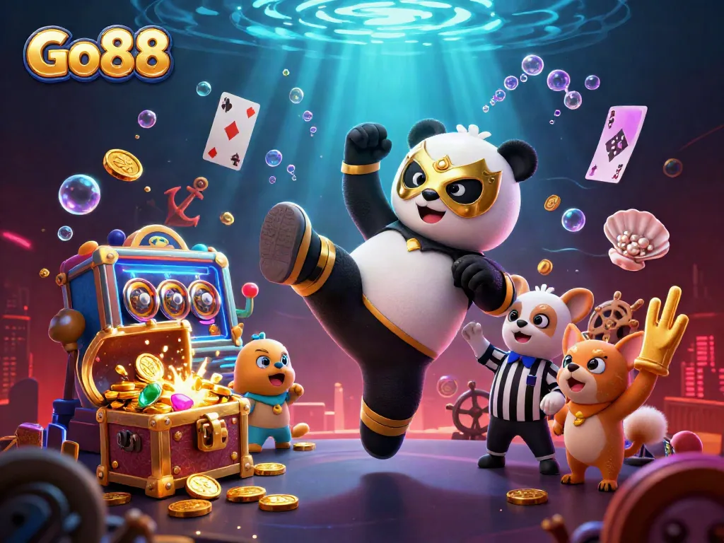 Experience thrilling action at Go88 with vibrant characters, golden coins, and dynamic gameplay.