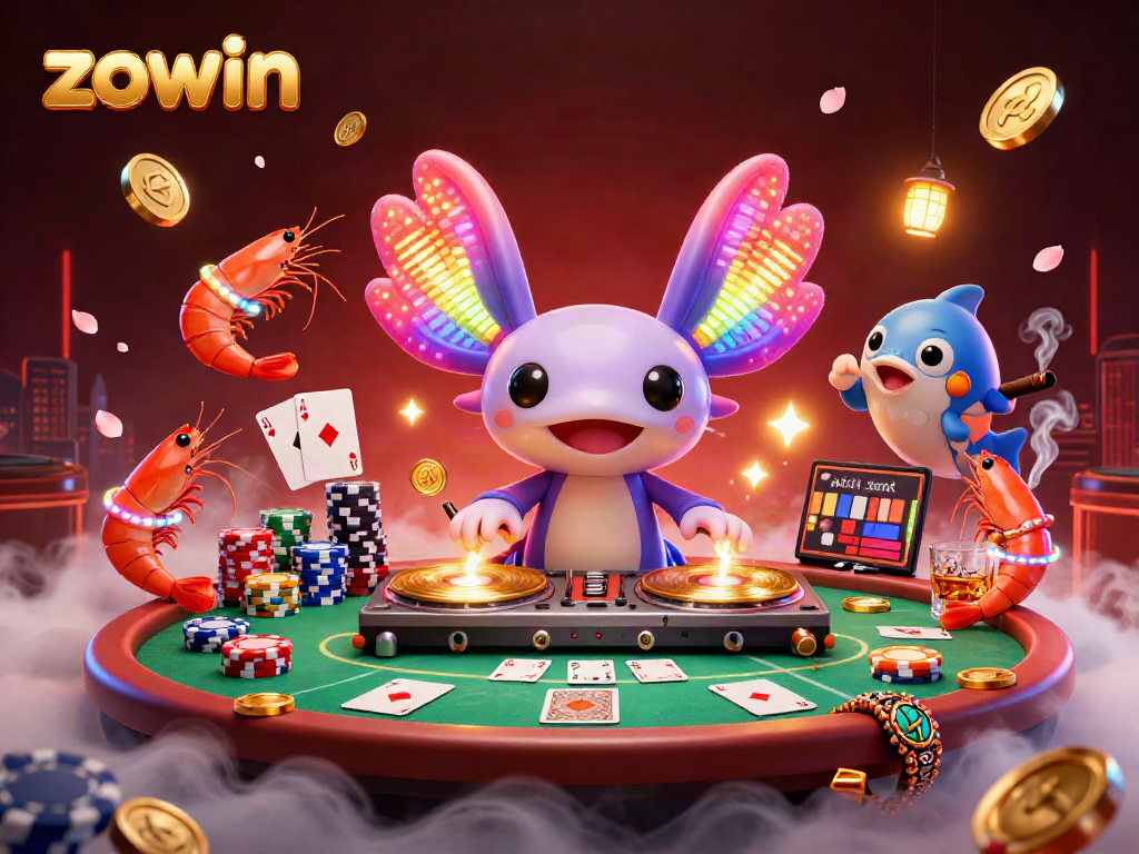 Engage with the vibrant atmosphere of zowin as axolotl DJ with dancing sea creatures celebrates casino game excitement.