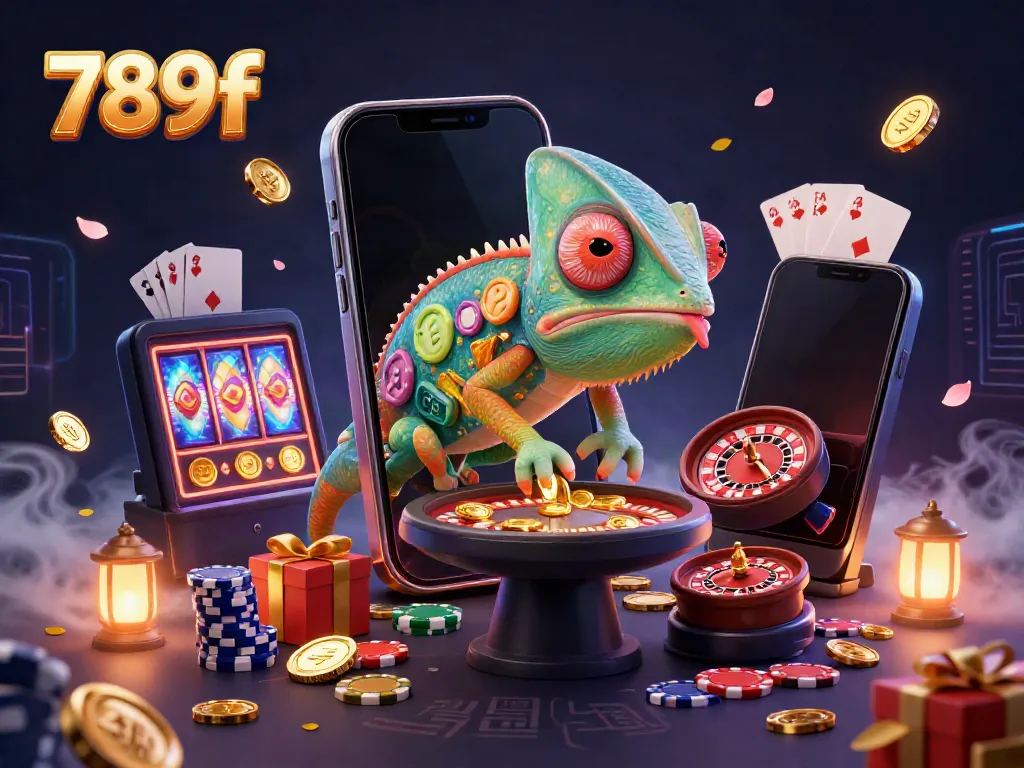 Experience vibrant gameplay action at 789f with colorful casino elements and a lively chameleon host.