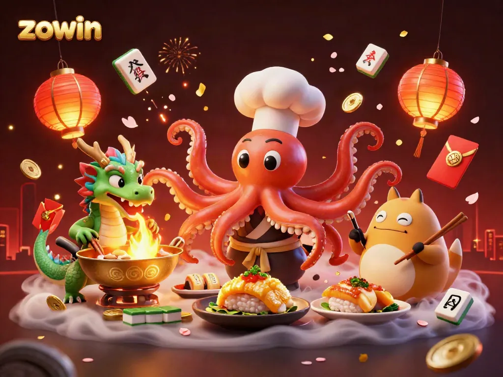 Zowin captures the casino spirit with a dynamic scene of a sushi chef octopus and dragon in a vibrant gaming atmosphere.