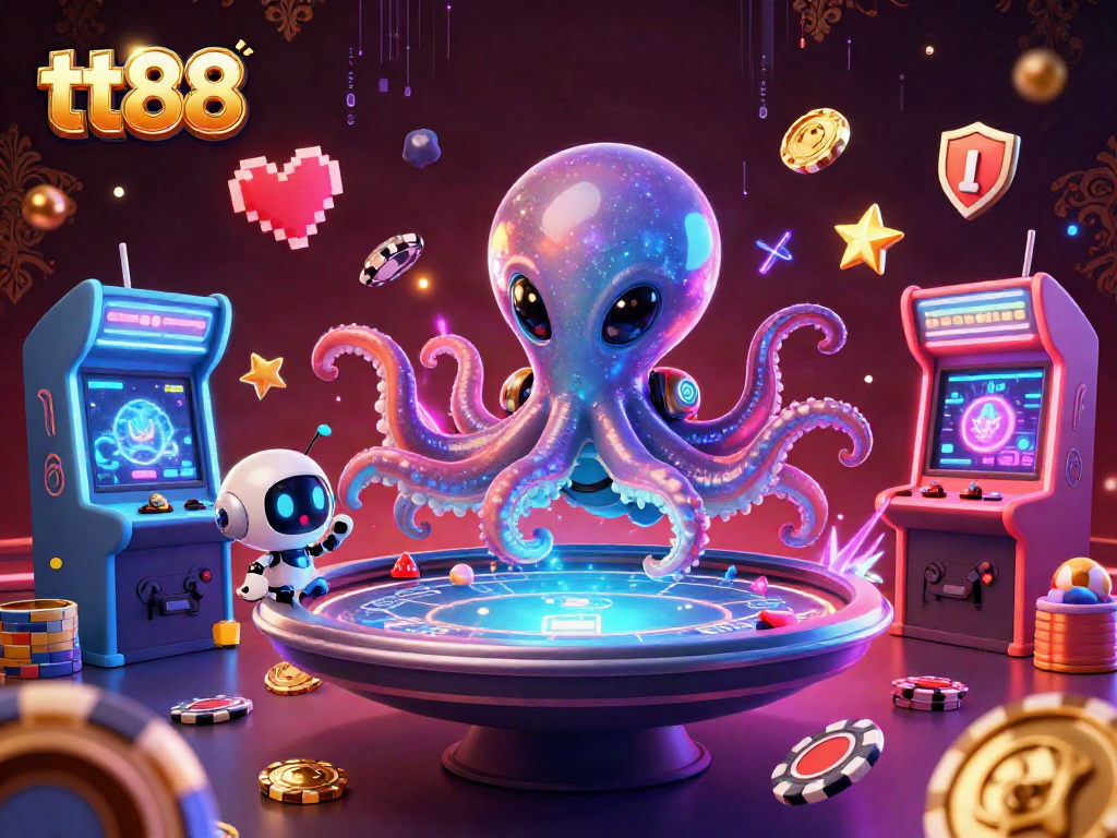 Win big at tt88 with a vibrant 3D casino scene featuring an alien octopus and dynamic poker action.
