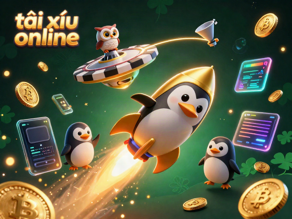 Experience thrilling gameplay with tài xỉu online as a golden penguin zooms through a cosmic casino landscape.
