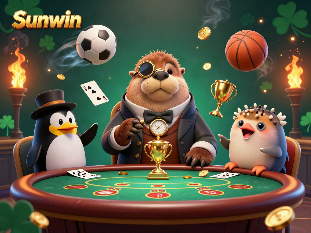 Engage in thrilling poker at Sunwin with a jolly walrus, sophisticated dealer, and exciting game elements.