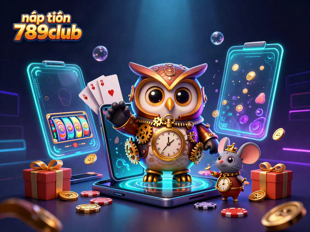 Nạp tiền 789club illustrated scene with time-traveler owl, smartphone slots, and vibrant casino elements.