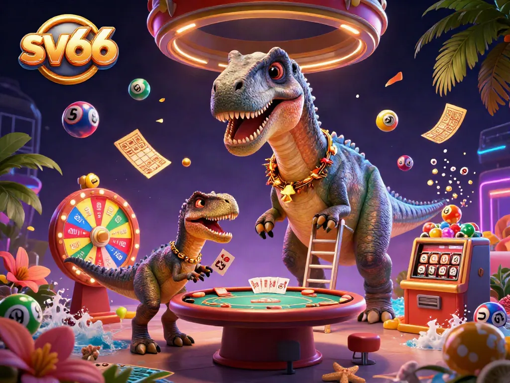 Engage with sv66 in this dynamic casino scene featuring a giant brontosaurus, clever raptor, and vibrant game elements.