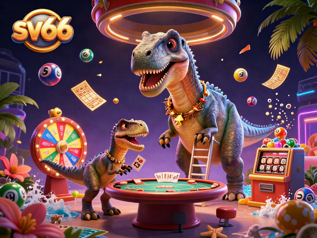Engage with sv66 in this dynamic casino scene featuring a giant brontosaurus, clever raptor, and vibrant game elements.