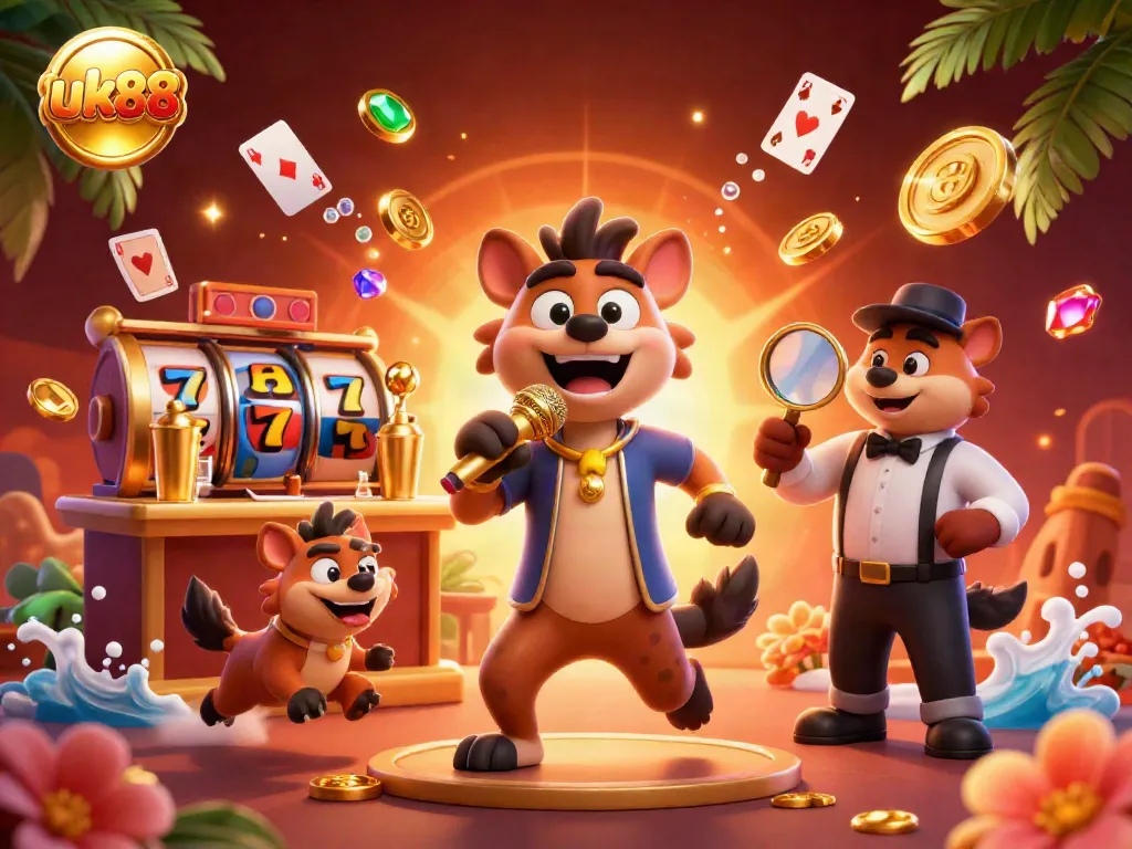 Engage in exciting casino fun at uk88 with lively hyenas hosting a comedy show, featuring slot games and vibrant decorations.