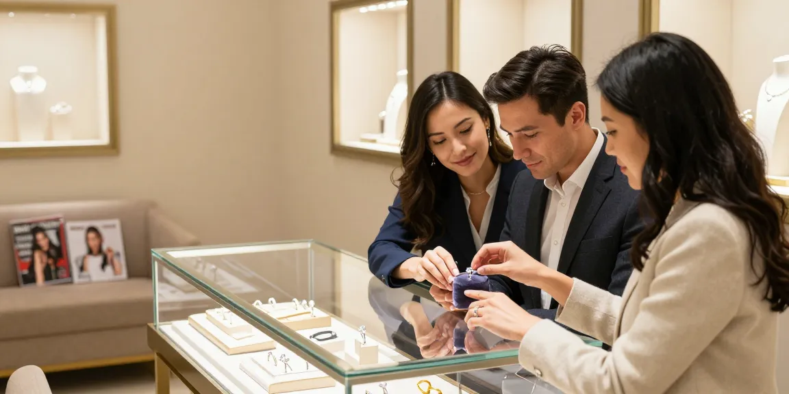 Couple exploring diamond engagement ring financing options in a luxurious jewelry store.