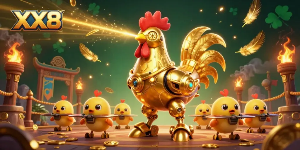 Engage with the XX8 gambling adventure featuring a golden rooster robot and playful chick drones.