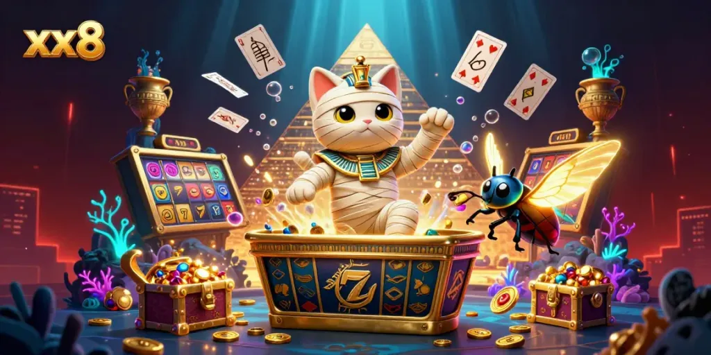 Experience the excitement of xx8 in a vibrant casino scene with a mummy cat and treasures.