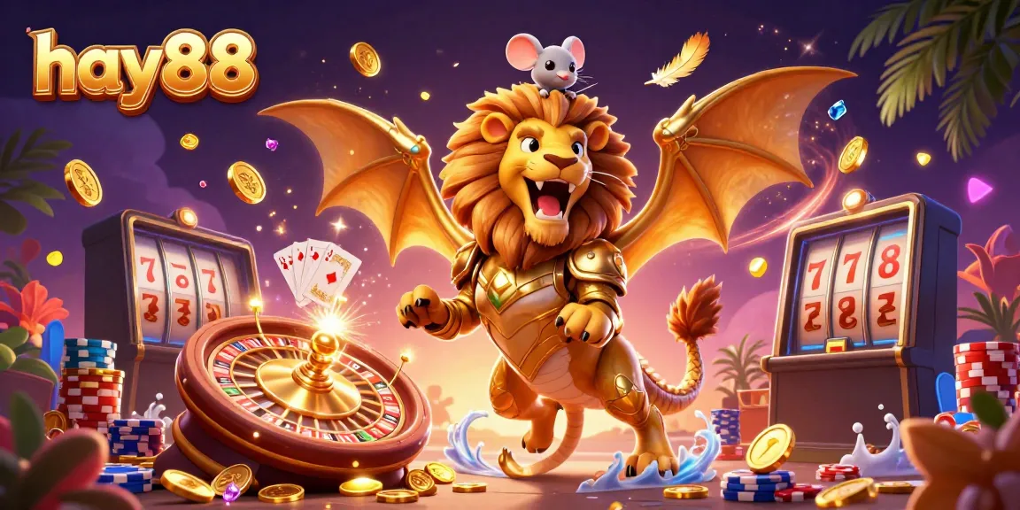 Experience the excitement of hay88 with a roaring chimera and shimmering casino elements in a vivid scene.