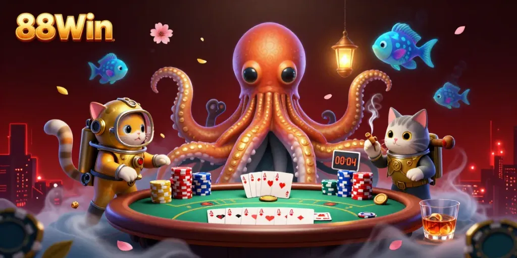 Experience vibrant 3D scenes with 88Win featuring a kraken, a diving cat, and poker dynamics.
