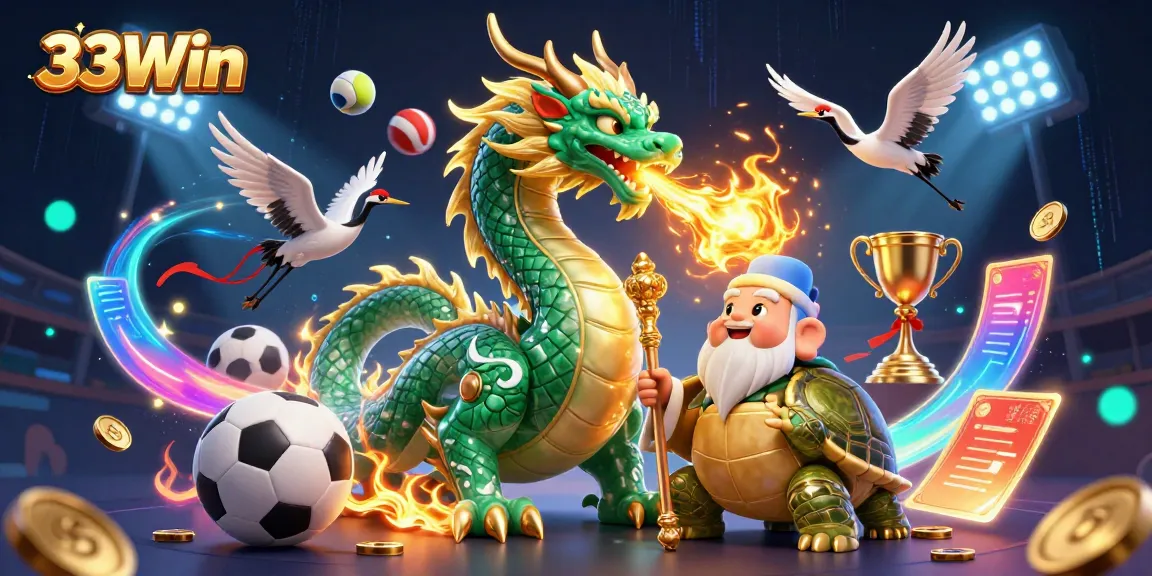 33Win features an emerald jade dragon and a wise turtle sage in a dynamic casino setting.