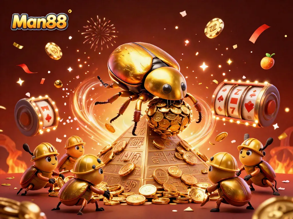 Bet big with Man88 at an online casino featuring vibrant golden beetles and slot symbols.
