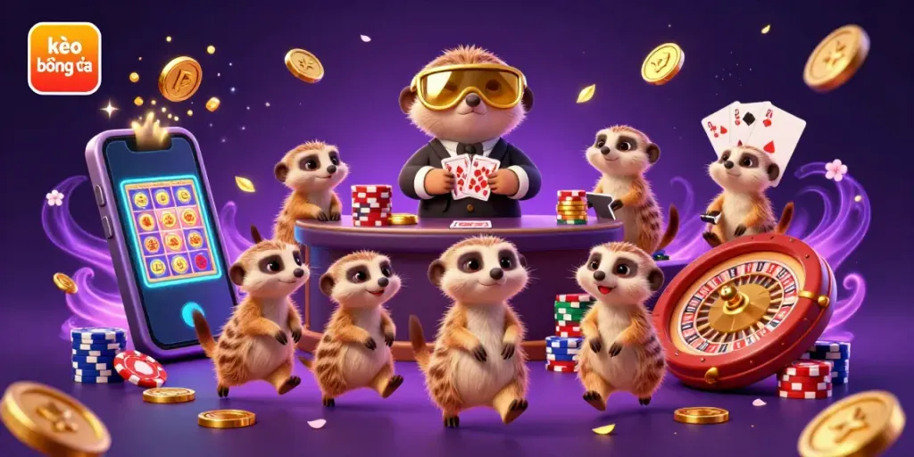Engage with kèo bóng đá action as meerkats run a vibrant casino scene, featuring slot games, golden coins, and excitement.