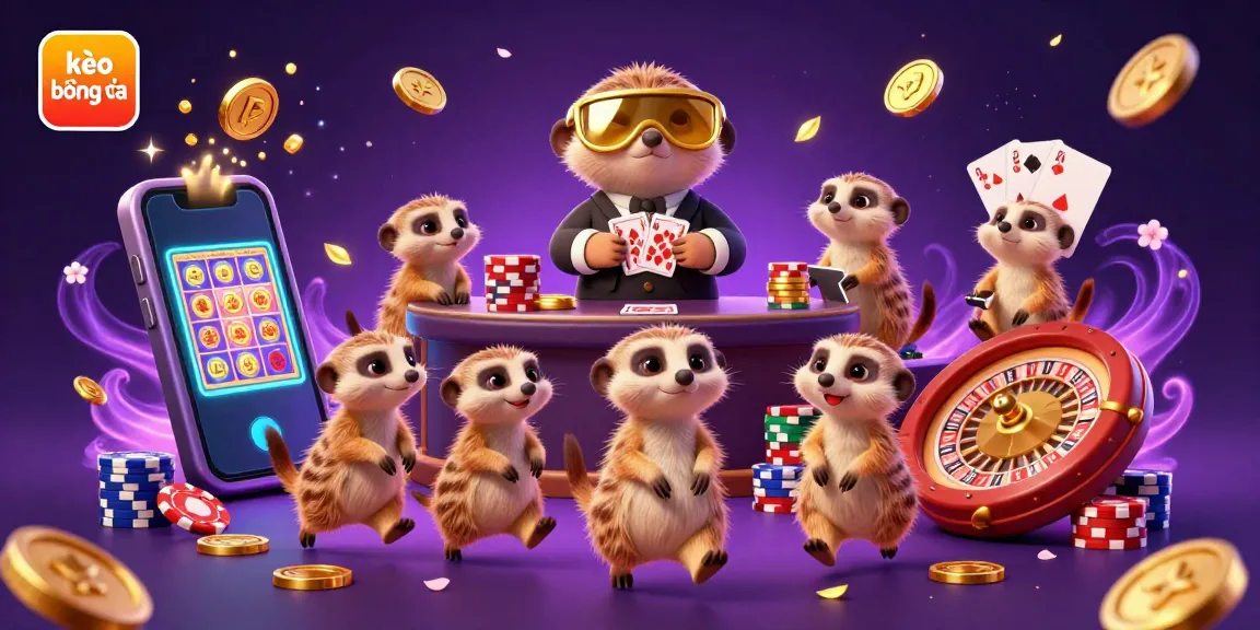 Engage with kèo bóng đá action as meerkats run a vibrant casino scene, featuring slot games, golden coins, and excitement.