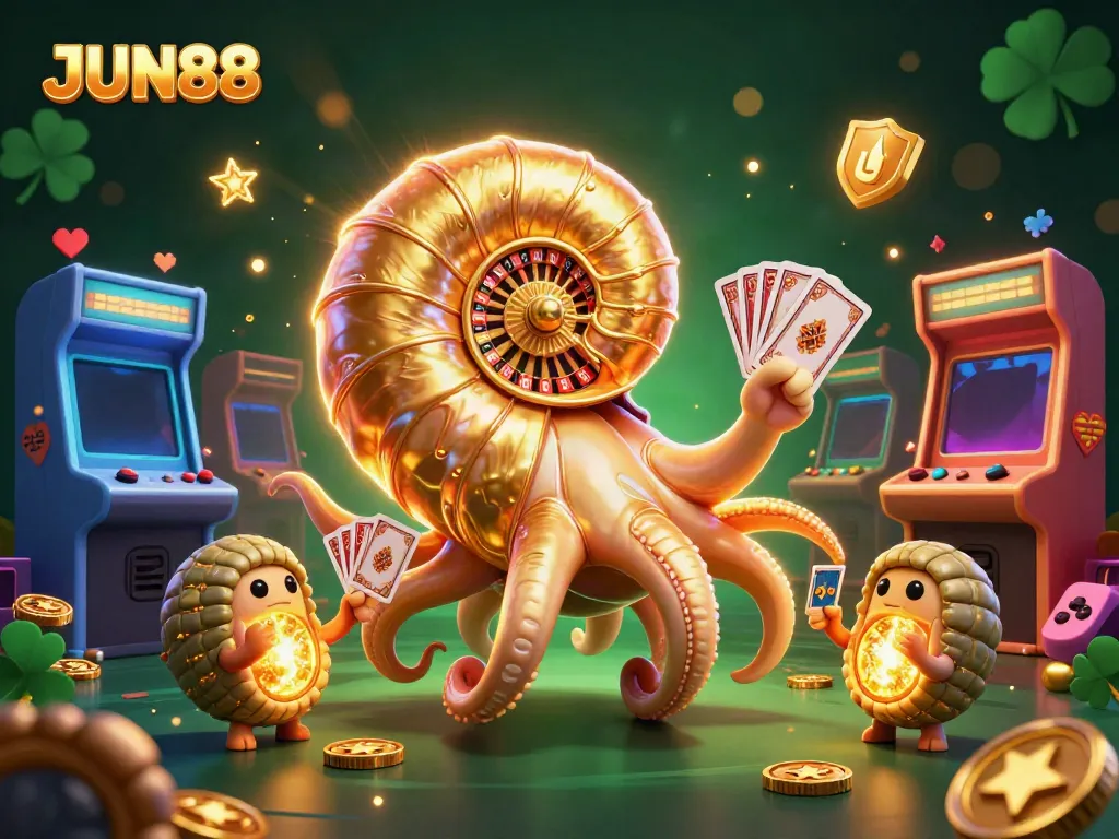 Engage in exciting gaming at JUN88, featuring a colorful scene of a nautilus roulette wheel and glowing game elements.
