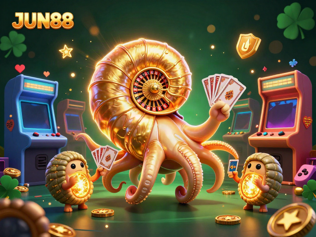 Engage in exciting gaming at JUN88, featuring a colorful scene of a nautilus roulette wheel and glowing game elements.