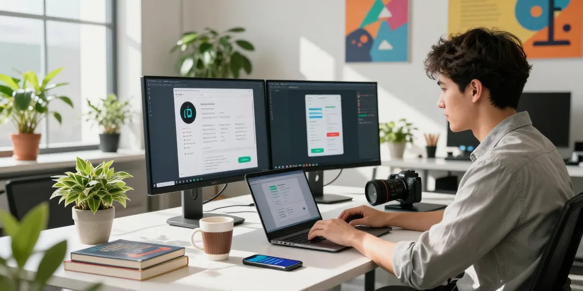 WhatsApp下載 and app development setup with mobile developer at modern workspace.