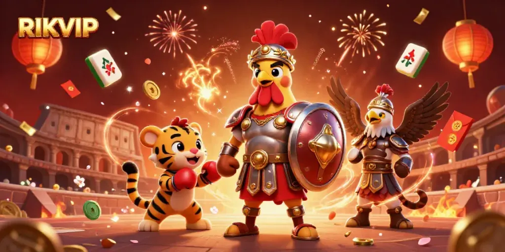 Experience thrilling action at RIKVIP with a colorful 3D scene demonstrating casino excitement.