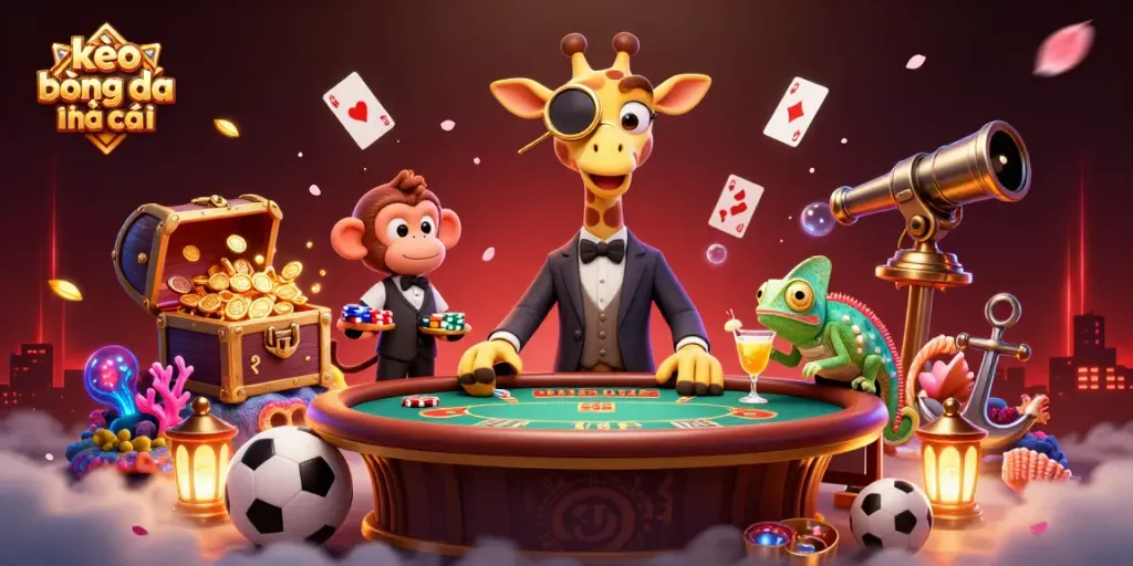 Engage with kèo bóng đá nhà cái in this vibrant 3D scene of betting action featuring dynamic characters and casino elements.