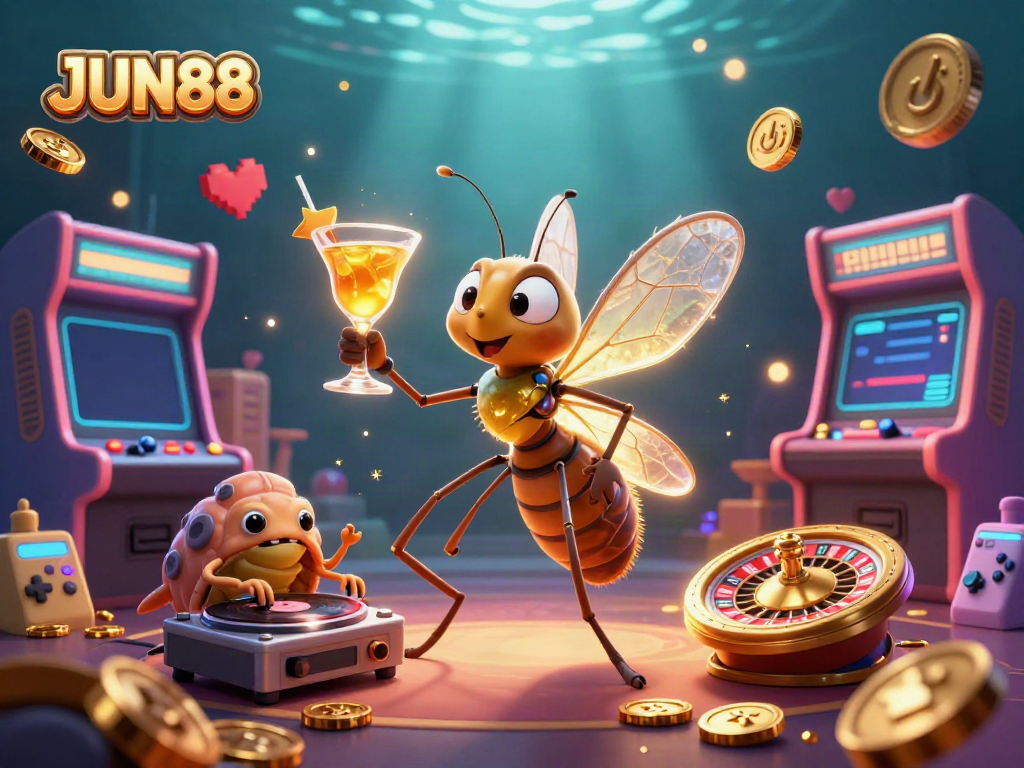 Experience the dynamic world of JUN88's casino with vibrant characters, games, and gold accents.