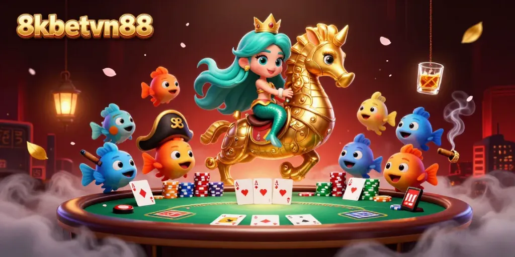 Immerse in the casino world of 8xbetvn88 with vibrant 3D characters and poker elements in action.