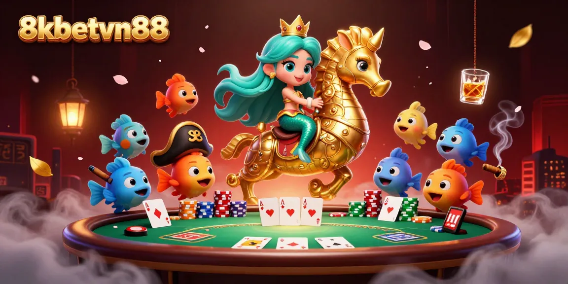 Immerse in the casino world of 8xbetvn88 with vibrant 3D characters and poker elements in action.