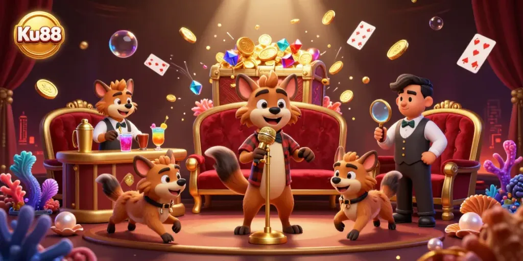 Engage with Ku88's lively comedy casino club, showcasing fun characters and vibrant game elements.