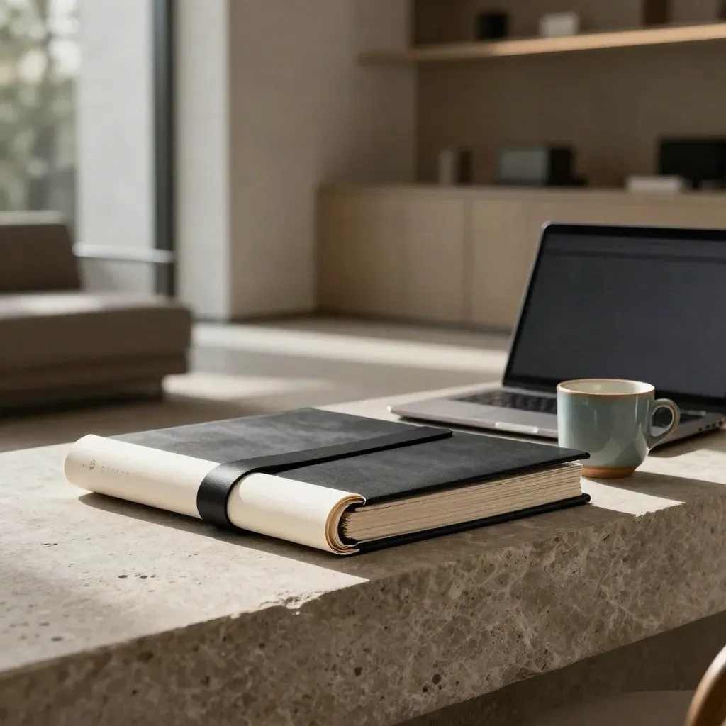 Matte-black strategy portfolio with laptop, cup and tube on a stone ledge in soft haze.