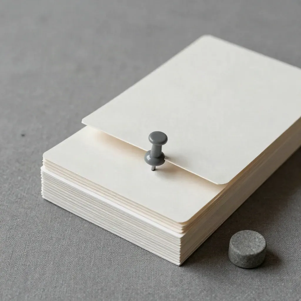 Top-down SEO sprint pack with paper tabs and a stone weight on ash linen.