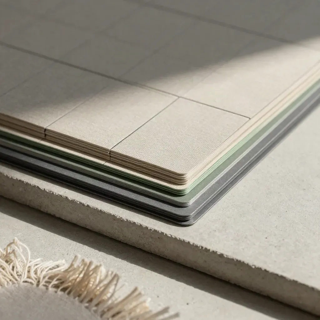 Overhead macro of blank grid tiles, linen strips, and graphite cards on pale concrete.