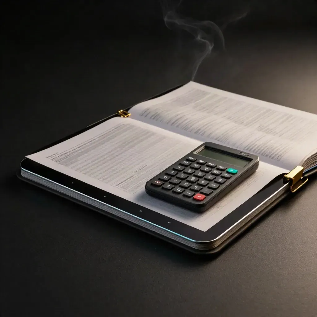 Dark dramatic folio with tablet, calculator and brass clips on matte-black surface.