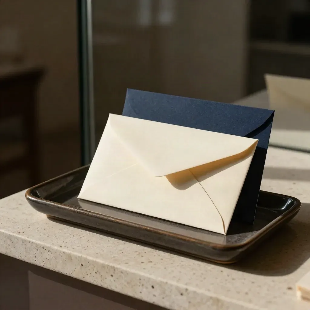 Cream envelopes and reply cards in a dark ceramic tray on travertine, softly lit with navy accent.